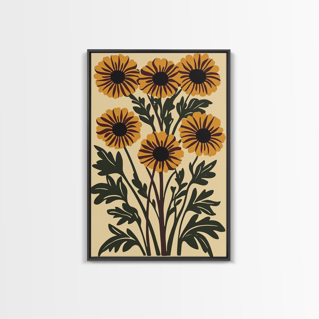 Cute Framed Canvas Wall Art Flower Print, Wild Flowers on Cream Background, Modern Home Decor, Boho Minimalist Wall Art