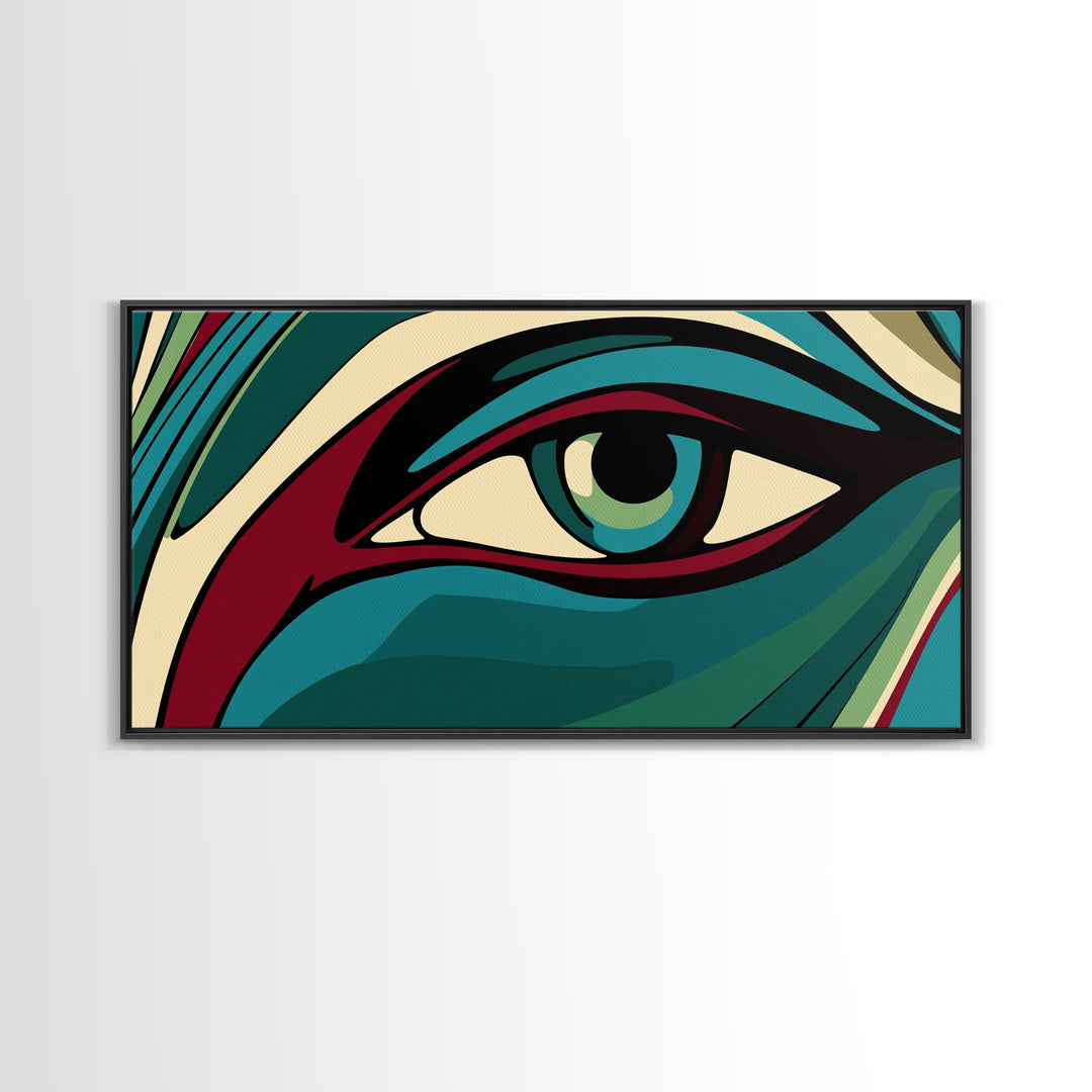 Abstract Painting of a Human Eye Framed Canvas Print, Retro Art Deco Style Art, Eclectic Decor, Kitsch Wall Art