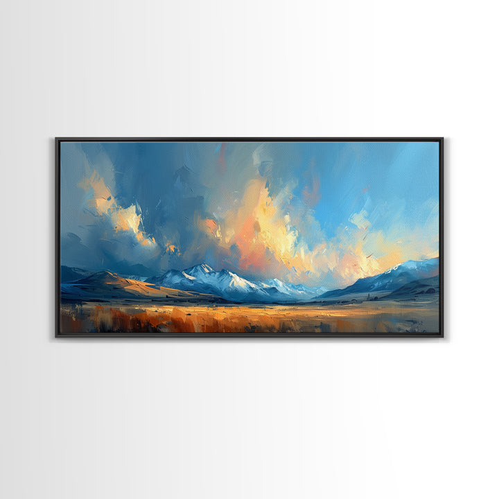 Panoramic Mountain Landscape Painting Print, Oil Painting Of Wyoming Mountains, Antique Style Art Print, Walnut Frame Art