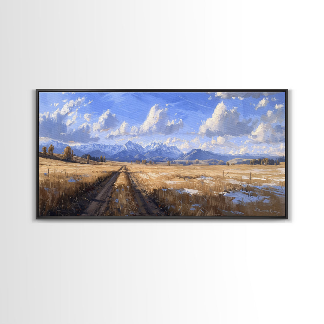 Dirt Roads of Wyoming Framed Canvas Print, Oil Painting Print, Panoramic Extra Wide Large Format Living Room Wall Decor