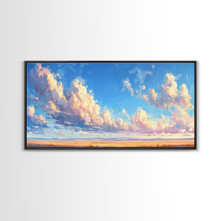 Panoramic Oil Painting Print of A Cloudy Sky Framed Canvas Print, Boho Minimalist Home Decor, Guest Room Wall Art