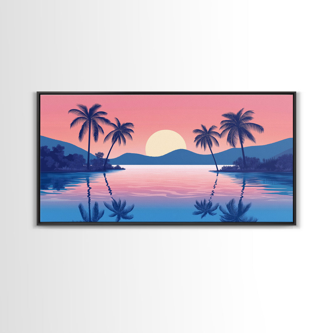 Abstract Vaporwave Sunset Over A Beach Landscape, Framed Canvas Print, Modern Art, Unique Wall Decor, Framed Canvas Art