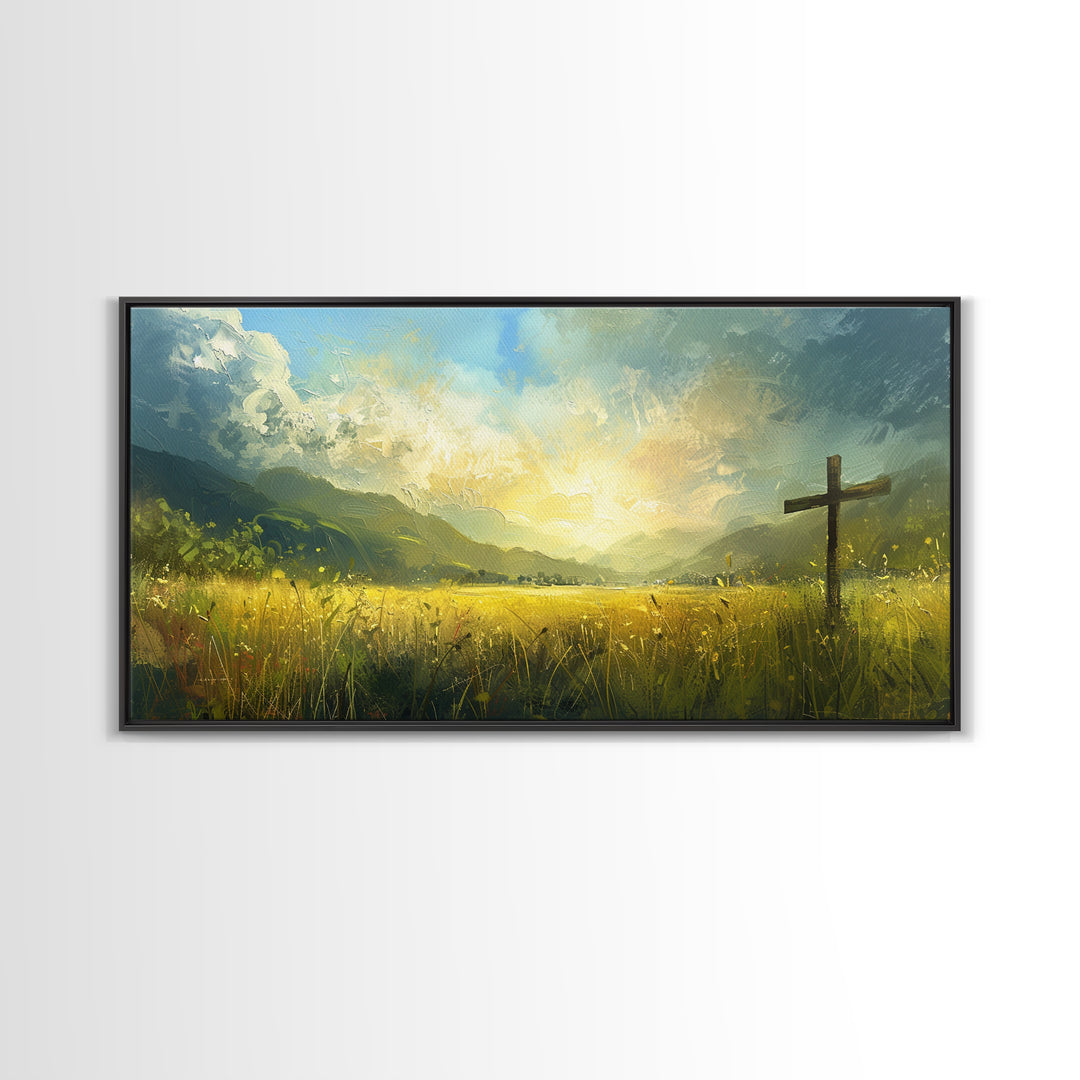 Cross In a Field Of Grass Framed Canvas Print, Christian Wall Art, Landscape Painting, Faith Decor, Cross Painting
