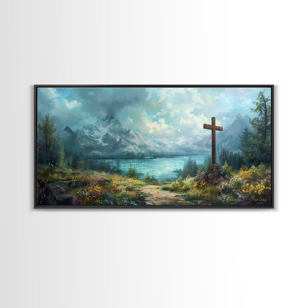 Cross In The Mountains Framed Canvas Print, Christian Faith Wall Art, Beautiful Landscape Painting