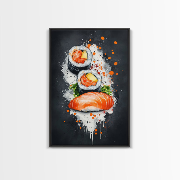 Abstract Oil Painting Canvas Print of Sushi on Black background, Food Review Kitchen Art, Kitchen Decor, Wabi Sabi Wall Art, Sushi Painting
