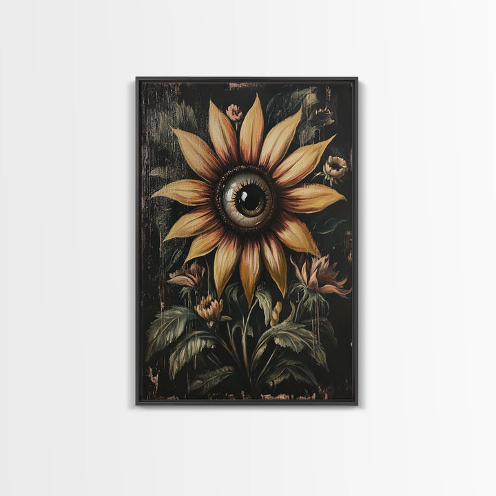 Cyclops Sunflower Framed Canvas Print - Spooky Home Decor - Halloween Wall Art - Dark Academia Macabre Wall Art Goth Botanical Art