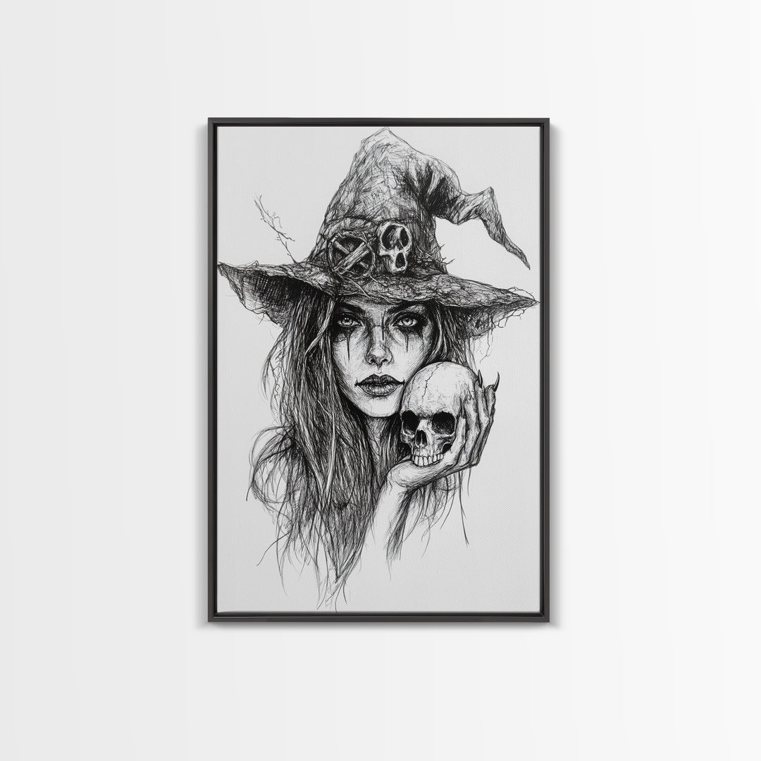 Charcoal Sketch Portrait Of a Witch Canvas Print, Dark Academia Wall Art, Moody Decor, Macabre Home Decor, Witchy Wall Art, Halloween Art