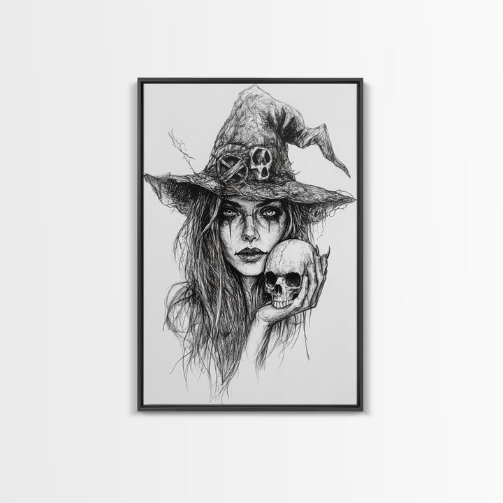 Charcoal Sketch Portrait Of a Witch Canvas Print, Dark Academia Wall Art, Moody Decor, Macabre Home Decor, Witchy Wall Art, Halloween Art