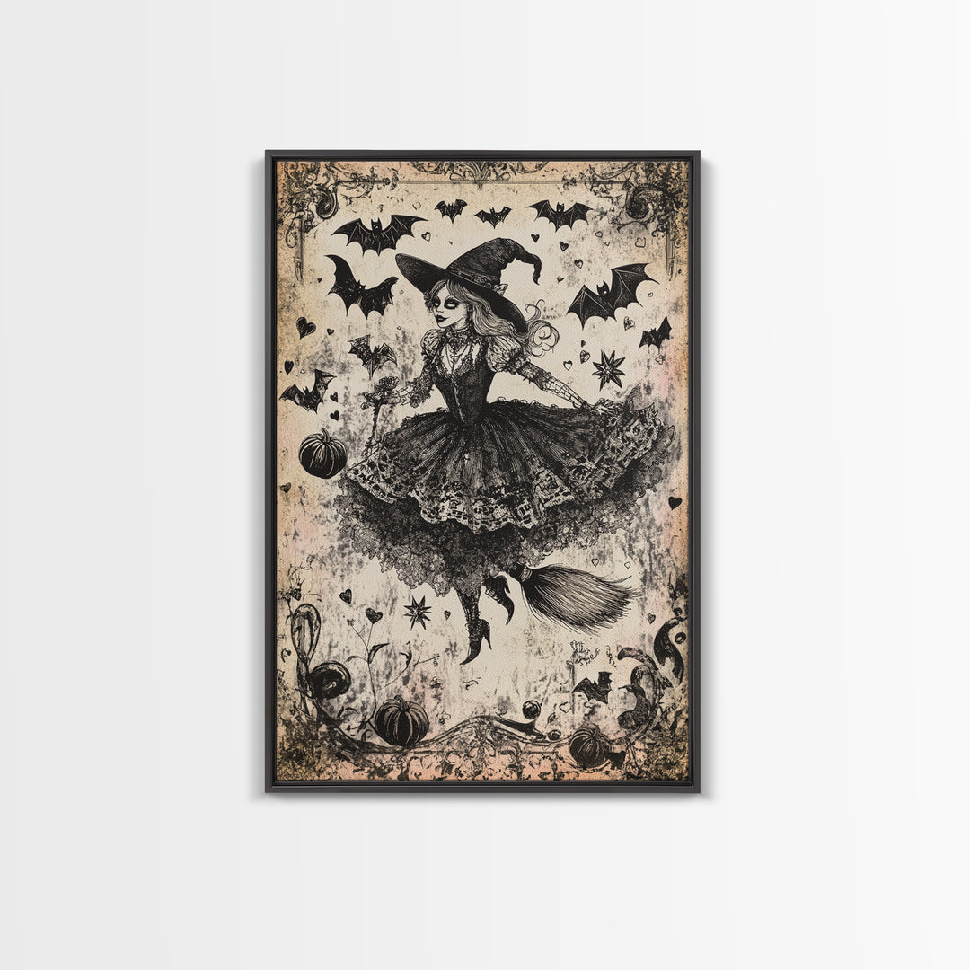 Spooky Season Halloween Witch, Witchy Decor Canvas Print, Black and White Witch Painting Print, Charcoal Sketch Of a Witch
