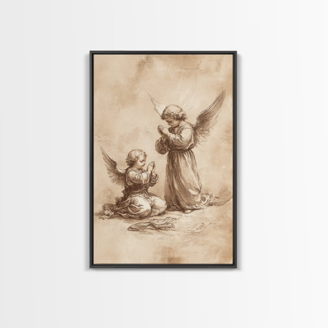Guardian Angel Wall Art, Angel Painting, Canvas Print, Angel Decor, Angelic Wall Art, Cute Cherub Angel Sketch Art