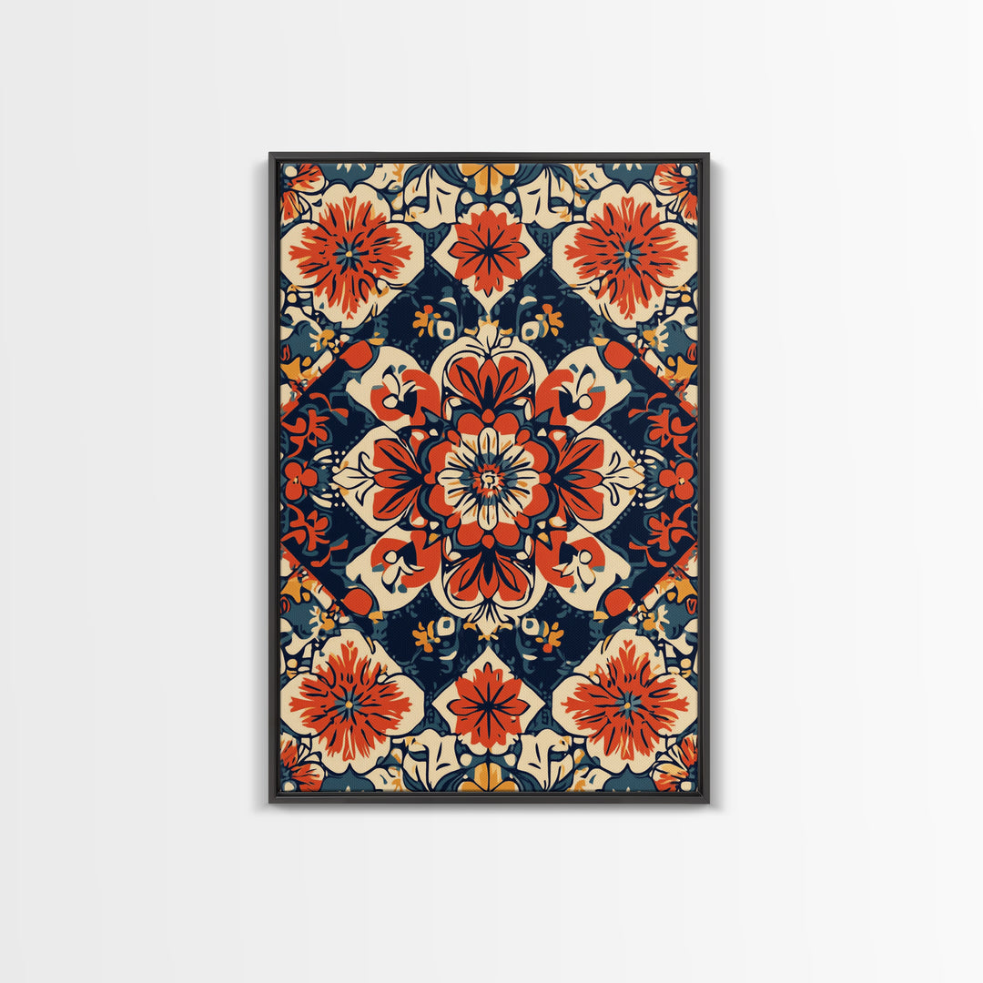 Floral Pattern Wall Art, Mexican Tile Pattern Framed Canvas Print, Chicano Art, Textile Inspired Wall Art, Southwestern Pueblo Style Art