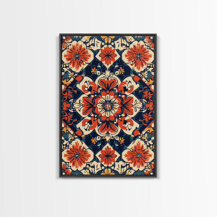 Floral Pattern Wall Art, Mexican Tile Pattern Framed Canvas Print, Chicano Art, Textile Inspired Wall Art, Southwestern Pueblo Style Art