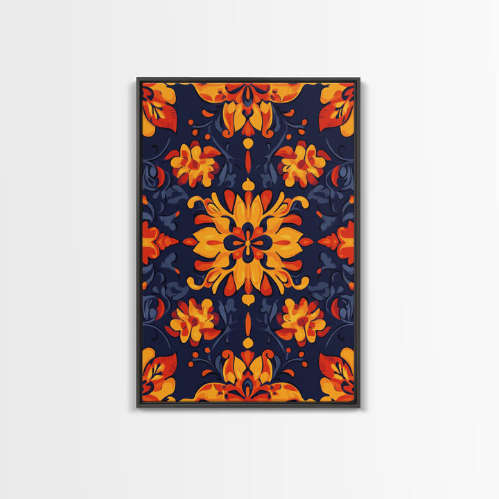 Botanical Pattern Wall Art Framed Canvas Print, Wood Framed Art, Mexicano Art, Mexican Tile Print Wall Art, Chicano Farmhouse Art