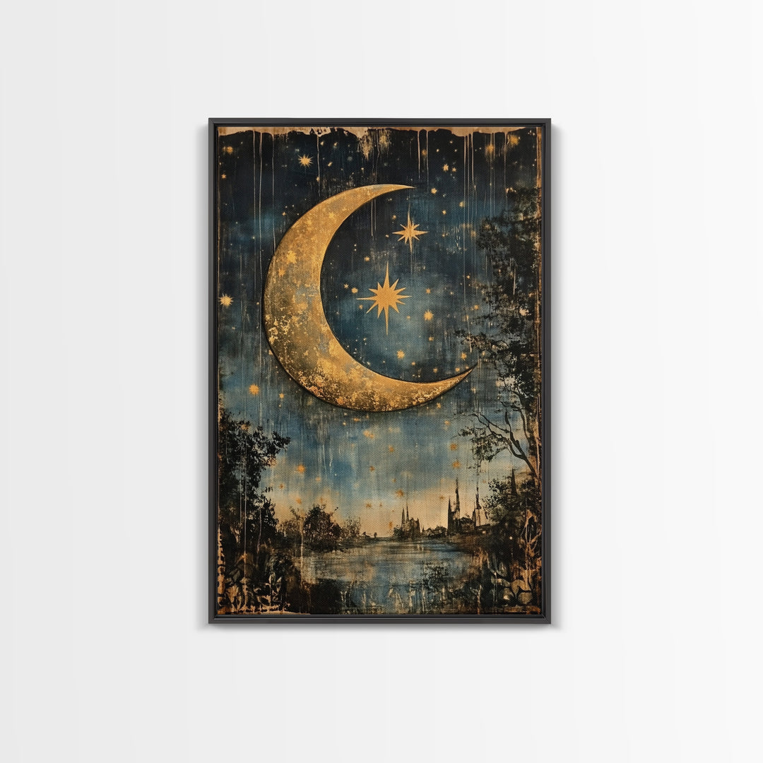 Crescent Moon in Starry Night Sky, Folk Art Framed Canvas Print, Boho Eclectic Decor, Minimalist Witchy Wall Art, Moody Decor