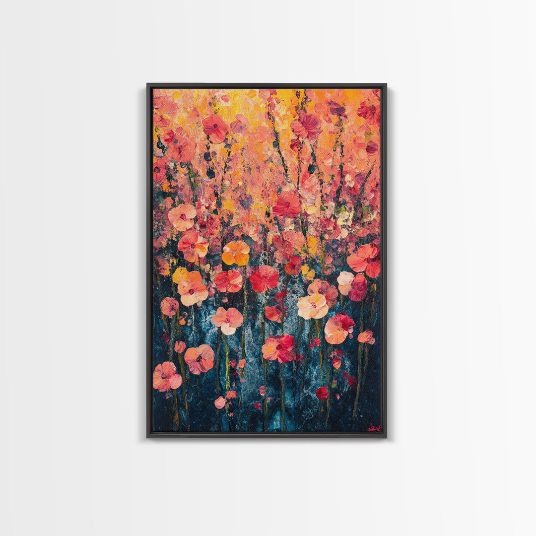 Field of Wildflowers Framed Canvas Print, Wood Framed Wall Art, Wild Flower Painting Print, Wild Flowers In The Spring Wall Art Home Decor
