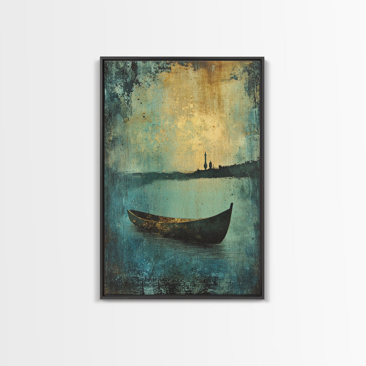 Canoe on the Lake Framed Canvas Print, Nautical Decor, Lakehouse Art, Abstract Lakehouse Painting, Lake Decor