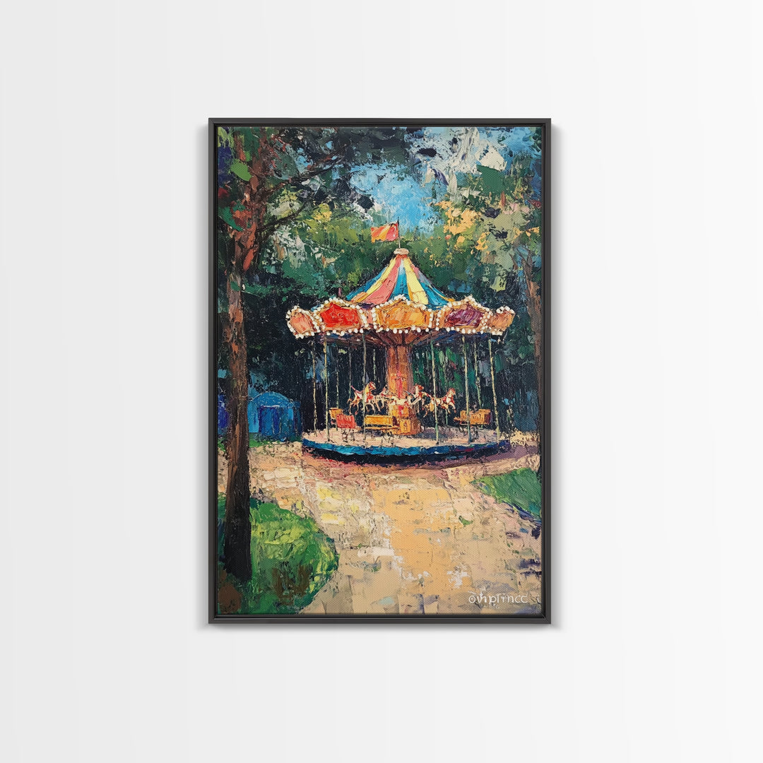 Carrousel Wall Art Framed Canvas Print, Oil Painting Carrousel, Circus Decor, Nursery Decor, Kid's Room Wall Art
