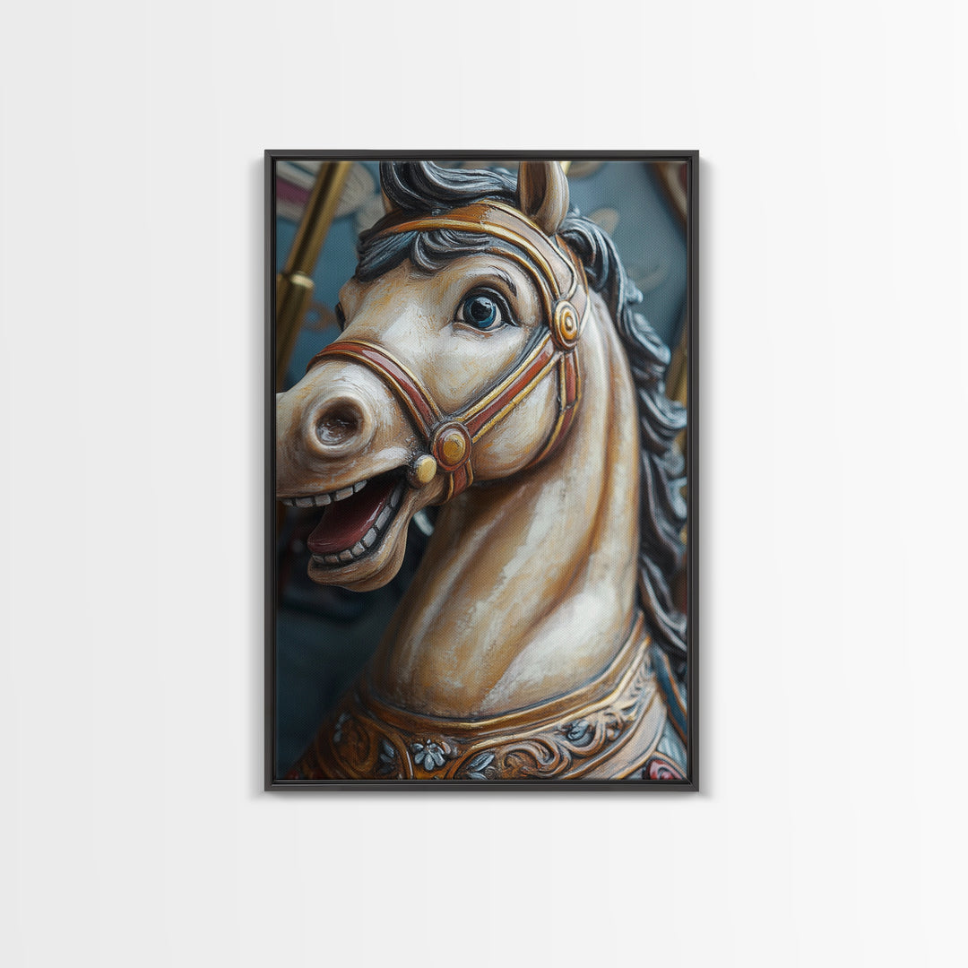 Creepy Carrousel Horse Framed Canvas Print, Nursery Decor, Wood Framed Wall Art Home Decor