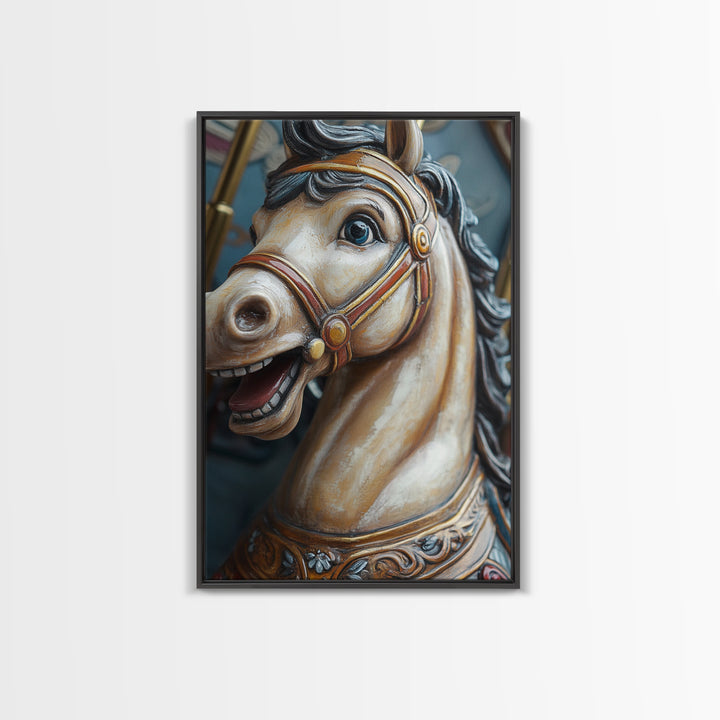 Creepy Carrousel Horse Framed Canvas Print, Nursery Decor, Wood Framed Wall Art Home Decor