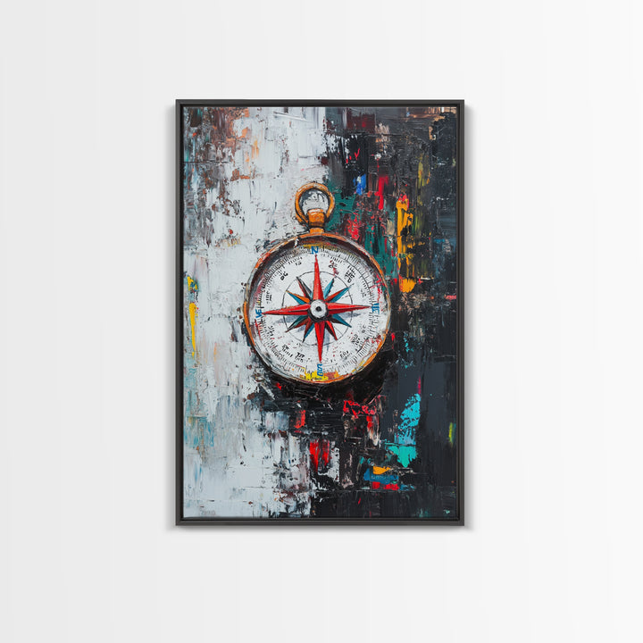 Compass Wall Art Framed Canvas Print, Travel Decor, Vacation Gift, Travel Gift, Home Decor, Compass Painting, Nautical Nursery Decor