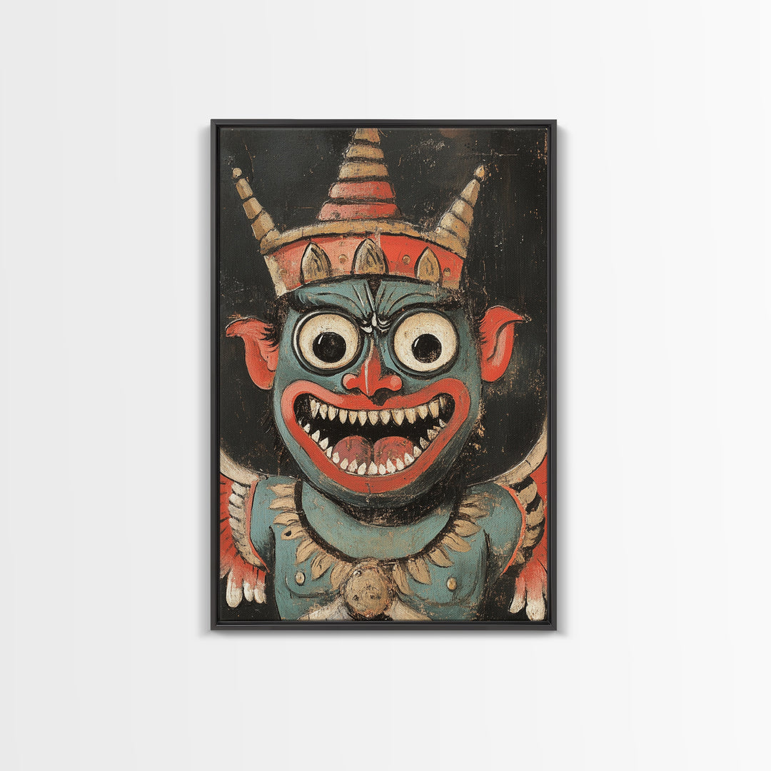 Creepy 19th Century Folk Art Framed Canvas Print, Spooky, Folk Art Painting, Russian Folk Art Home Decor