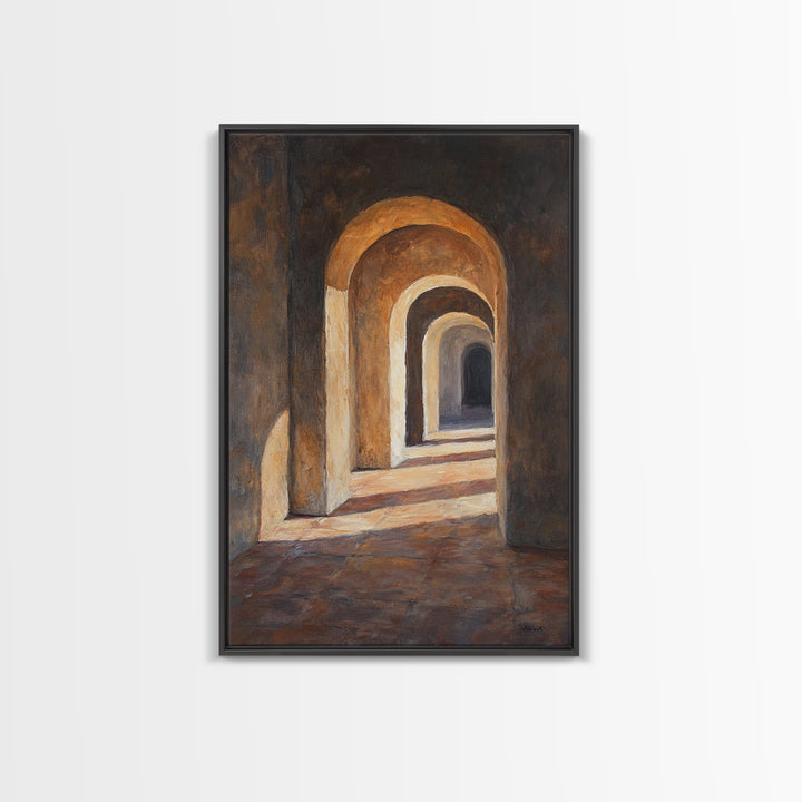 Sunlight Peaks Through the Pillars, Framed Canvas Print, Moroccan Style Wall Art, Moroccan Painting, Paint of Morocco