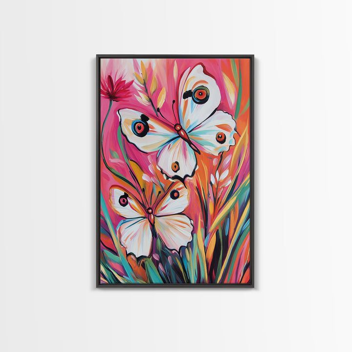Abstract Painting Print of White Butterflies on Pink Background, Home Decor, Preppty Wall Art, Framed Canvas Print