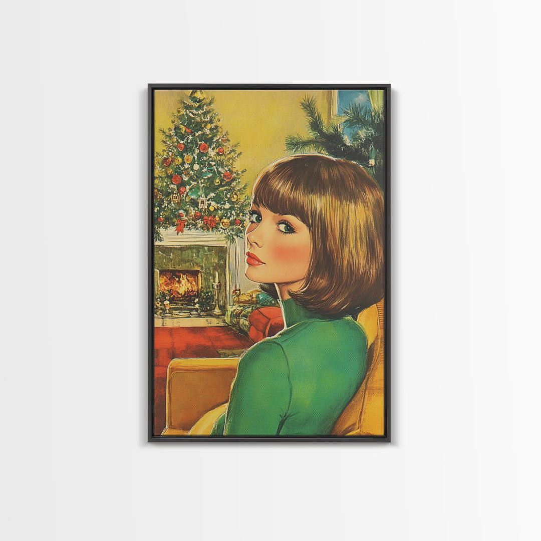 Christmas Postcard Style Art, Home Decor, Christmas Wall Art, Framed Canvas Print, 1950s Christmas Style Wall Art, Christmas Postcard Art