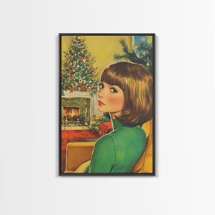 Christmas Postcard Style Art, Home Decor, Christmas Wall Art, Framed Canvas Print, 1950s Christmas Style Wall Art, Christmas Postcard Art