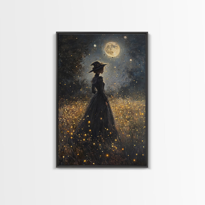 Witch Under a Full Moon Framed Canvas Print, Vintage Art Prints, Dark Academia, Witchy Gifts, Halloween Prints, Gothic Wall Art