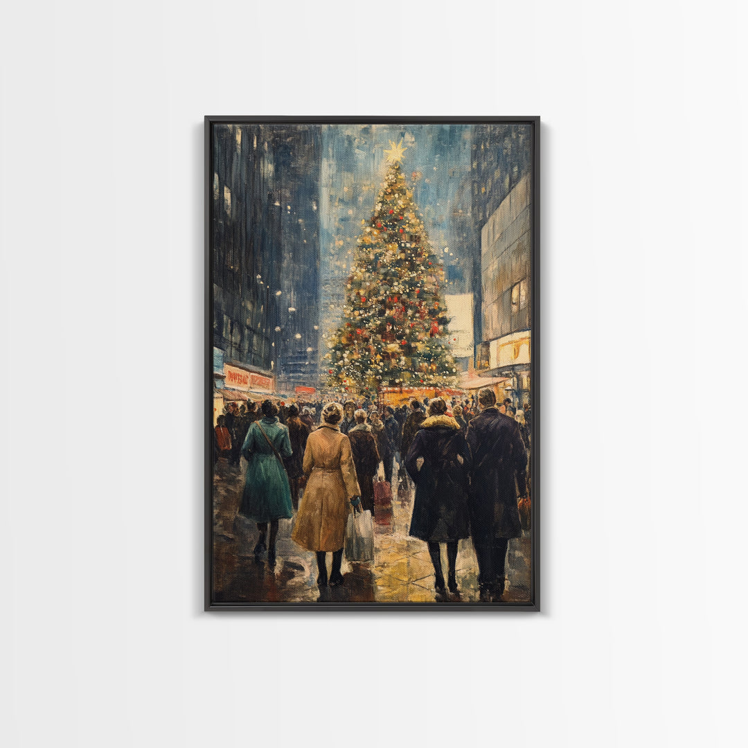 Christmas Village Wall Art Canvas print - Christmas Painting - Christmas Shopeprs in NYC in the 1950s - Christmas Decor - Winter Wall Art