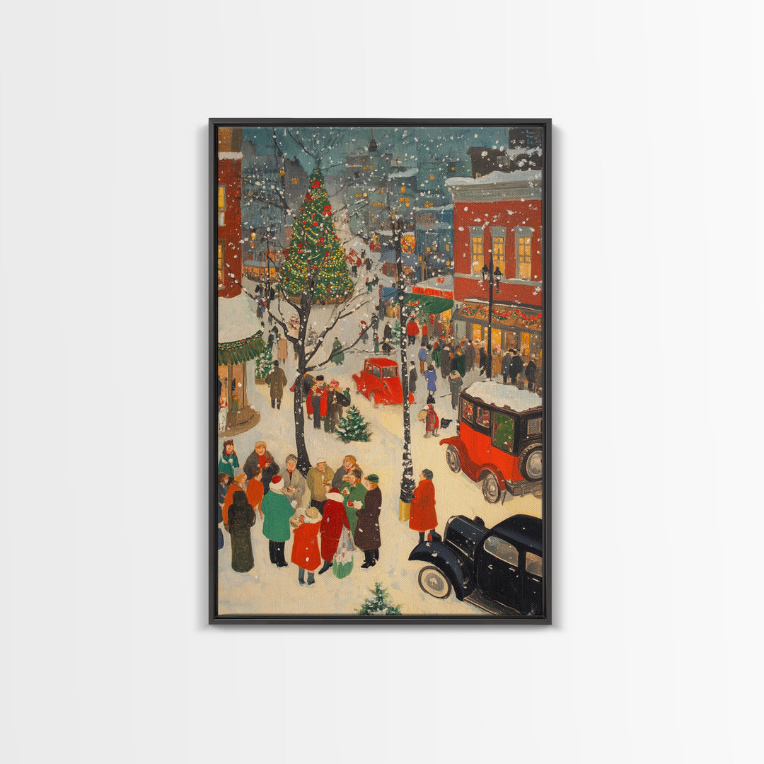 Christmas Village Home Decor - Framed Canvas Print - Retro Christmas Village Painting - Christmas Shoppers Painting - Retro Christmas Decor