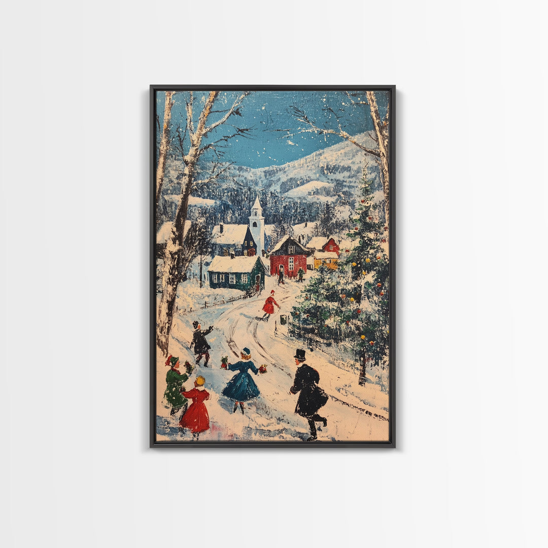Ice Skating in The Streets on Christmas Morning Framed Canvas Print - Retro Christmas Village Wall Art - Christmas Above Mantle Centerpiece Art