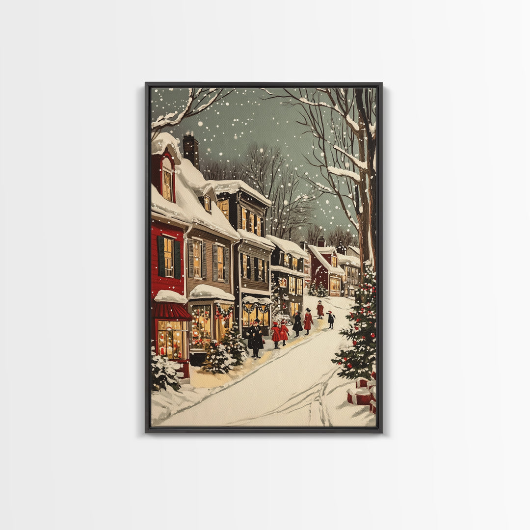 Christmas in Boston Framed Canvas Print, Christmas Village Wall Art, Christmas Prints, Christmas Decor Idea, Christmas Art