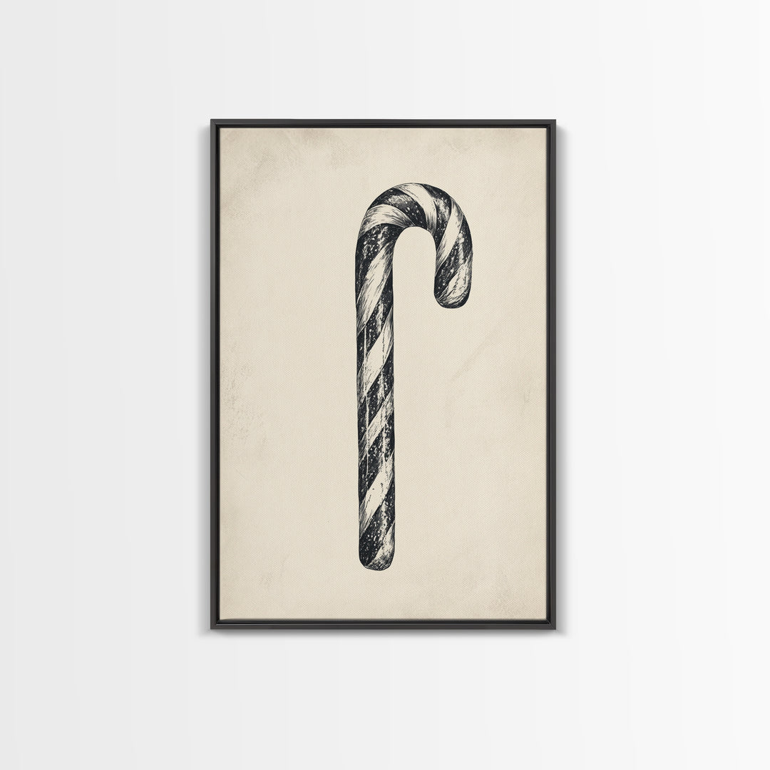 Black and White Candy Cane Sketch, Canvas Print, Christmas Decor, Christmas Painting, Christmas Wall Art