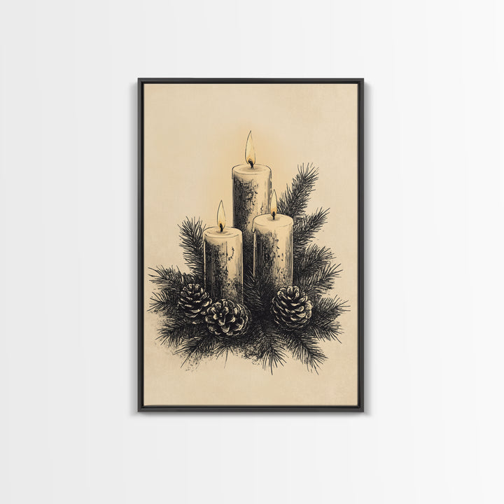 Boho Christmas Candles Canvas Print - Framed Canvas - Minimalist Christmas Art - Boho Christmas Art - Rustic Christmas Art