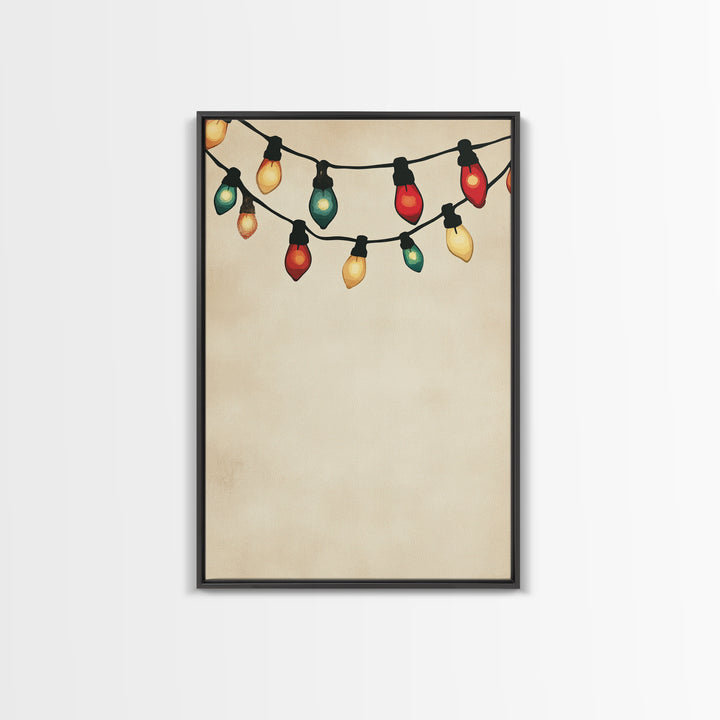 Drawing of Retro Christmas Lights Canvas Print - Framed Canvas - Minimalist Christmas Art - Boho Christmas Art - Rustic Christmas Art
