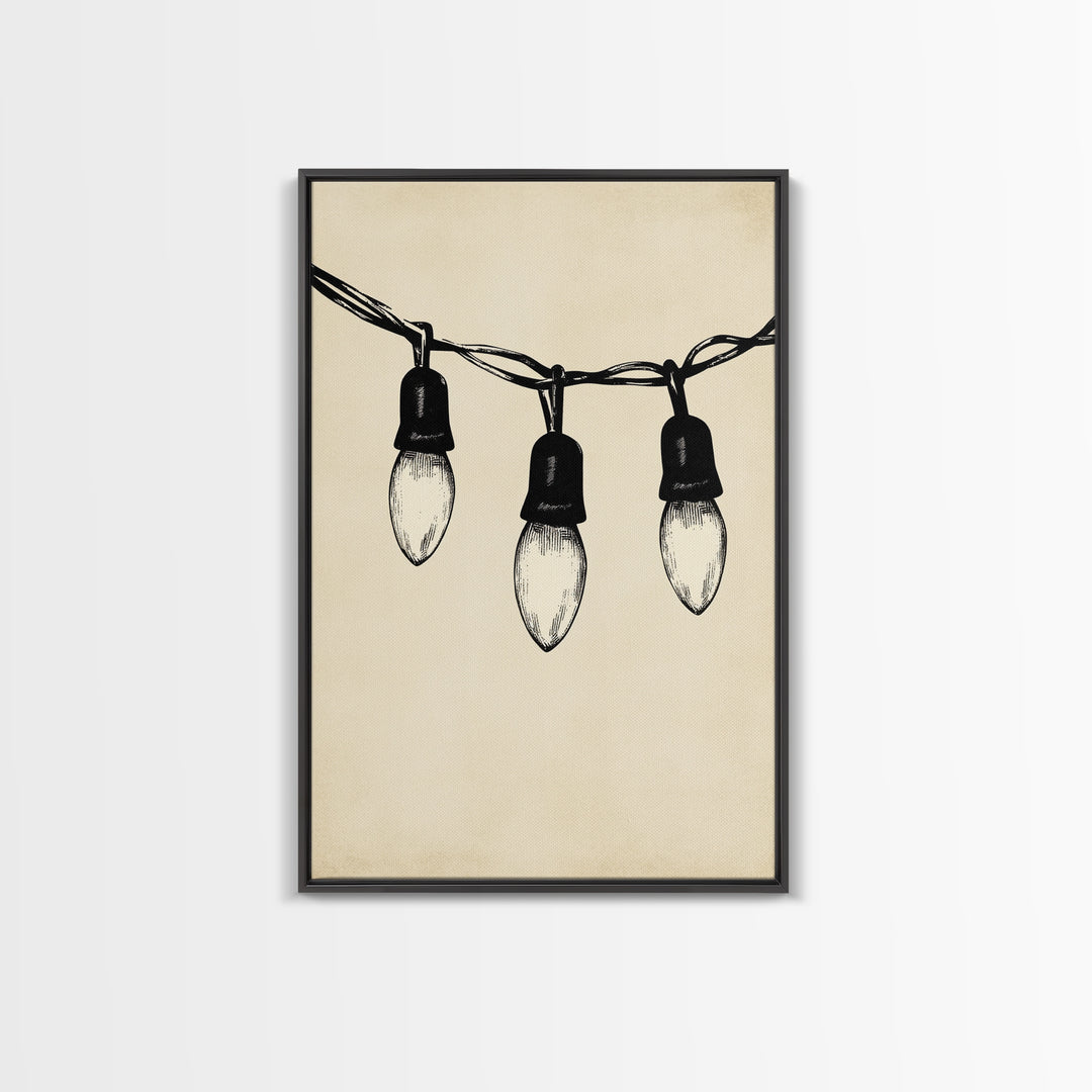 Black and White Sketch of Christmas Lights Canvas Print - Framed Canvas - Minimalist Christmas Art - Boho Christmas Art - Rustic Christmas Art