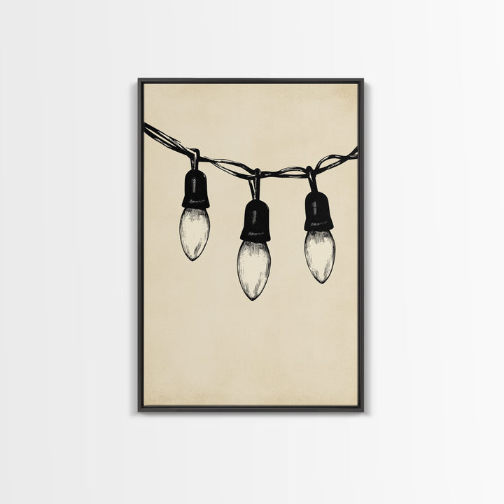 Black and White Sketch of Christmas Lights Canvas Print - Framed Canvas - Minimalist Christmas Art - Boho Christmas Art - Rustic Christmas Art