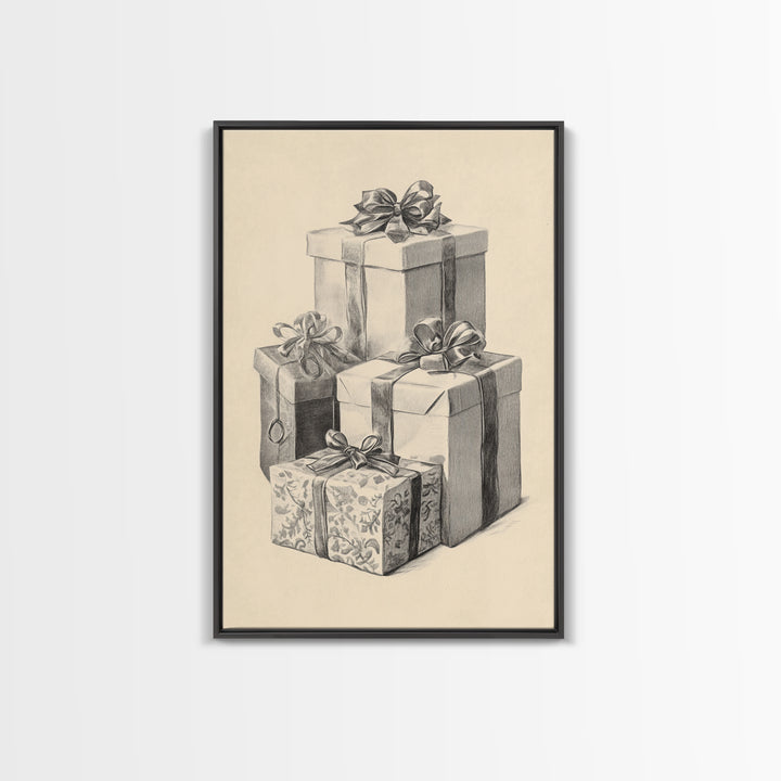Drawing of Christmas Gifts Canvas Print - Framed Canvas - Minimalist Christmas Art - Boho Christmas Art - Rustic Christmas Art