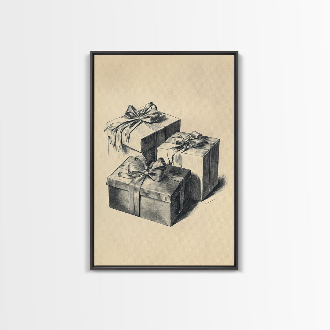 Retro Sketch of Christmas Gifts Canvas Print - Framed Canvas - Minimalist Christmas Art - Boho Christmas Art - Rustic Christmas Art
