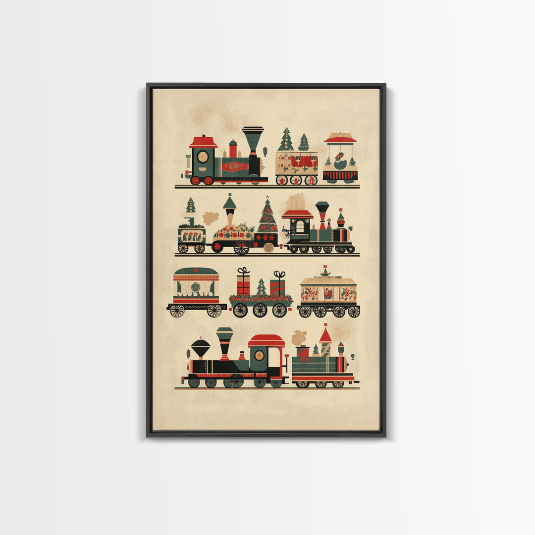 Cute Christmas Trains Canvas Print - Framed Canvas - Minimalist Christmas Art - Boho Christmas Art - Rustic Christmas Art