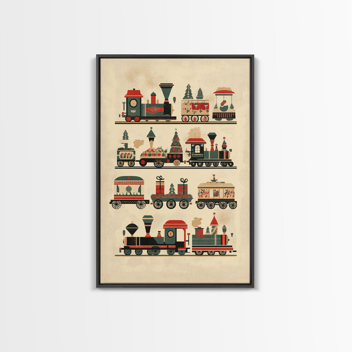 Cute Christmas Trains Canvas Print - Framed Canvas - Minimalist Christmas Art - Boho Christmas Art - Rustic Christmas Art