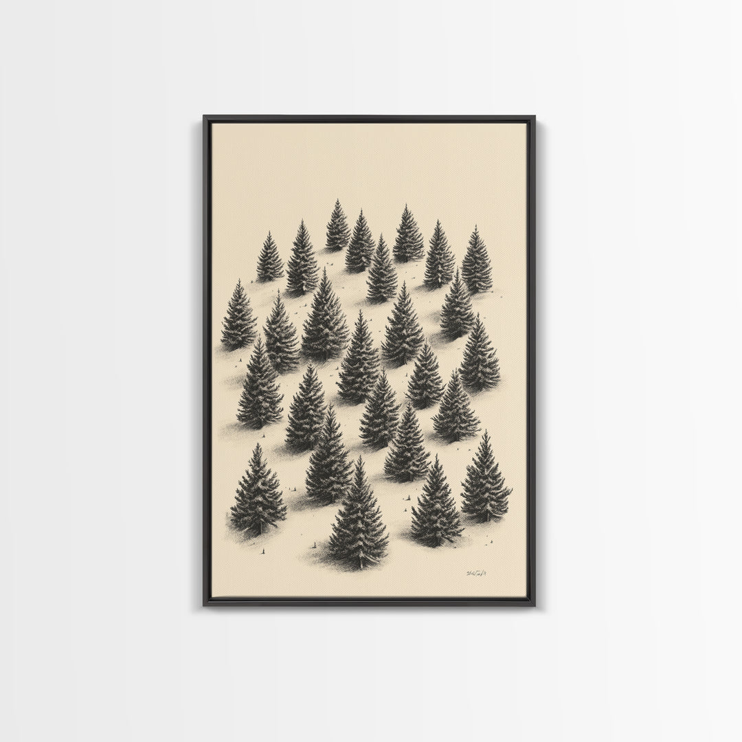 Sketch of a Christmas Tree Farm Canvas Print - Framed Canvas - Minimalist Christmas Art - Boho Christmas Art - Rustic Christmas Art