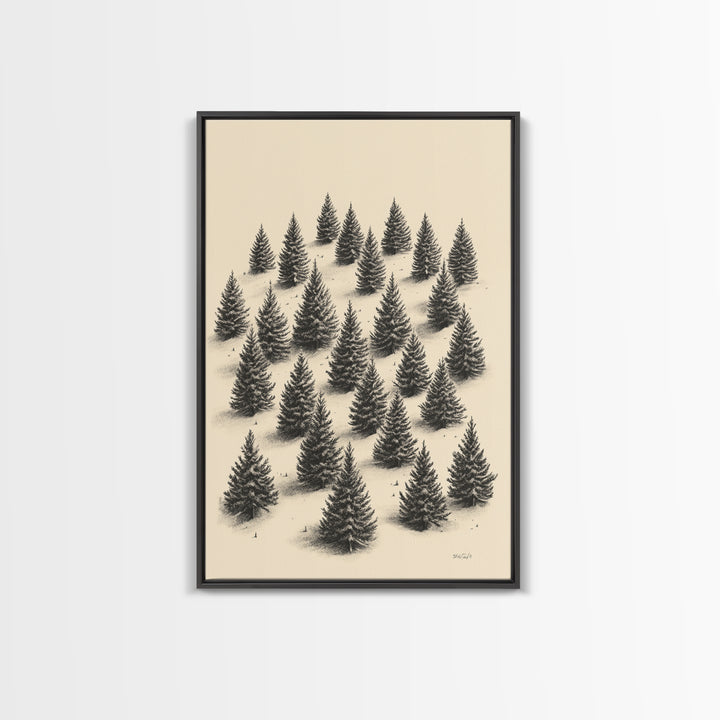 Sketch of a Christmas Tree Farm Canvas Print - Framed Canvas - Minimalist Christmas Art - Boho Christmas Art - Rustic Christmas Art