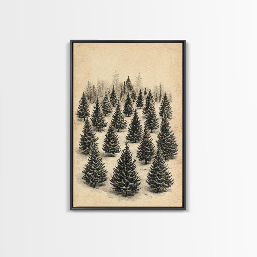 Christmas Tree Farm Art Canvas Print - Framed Canvas - Minimalist Christmas Art - Boho Christmas Art - Rustic Christmas Art
