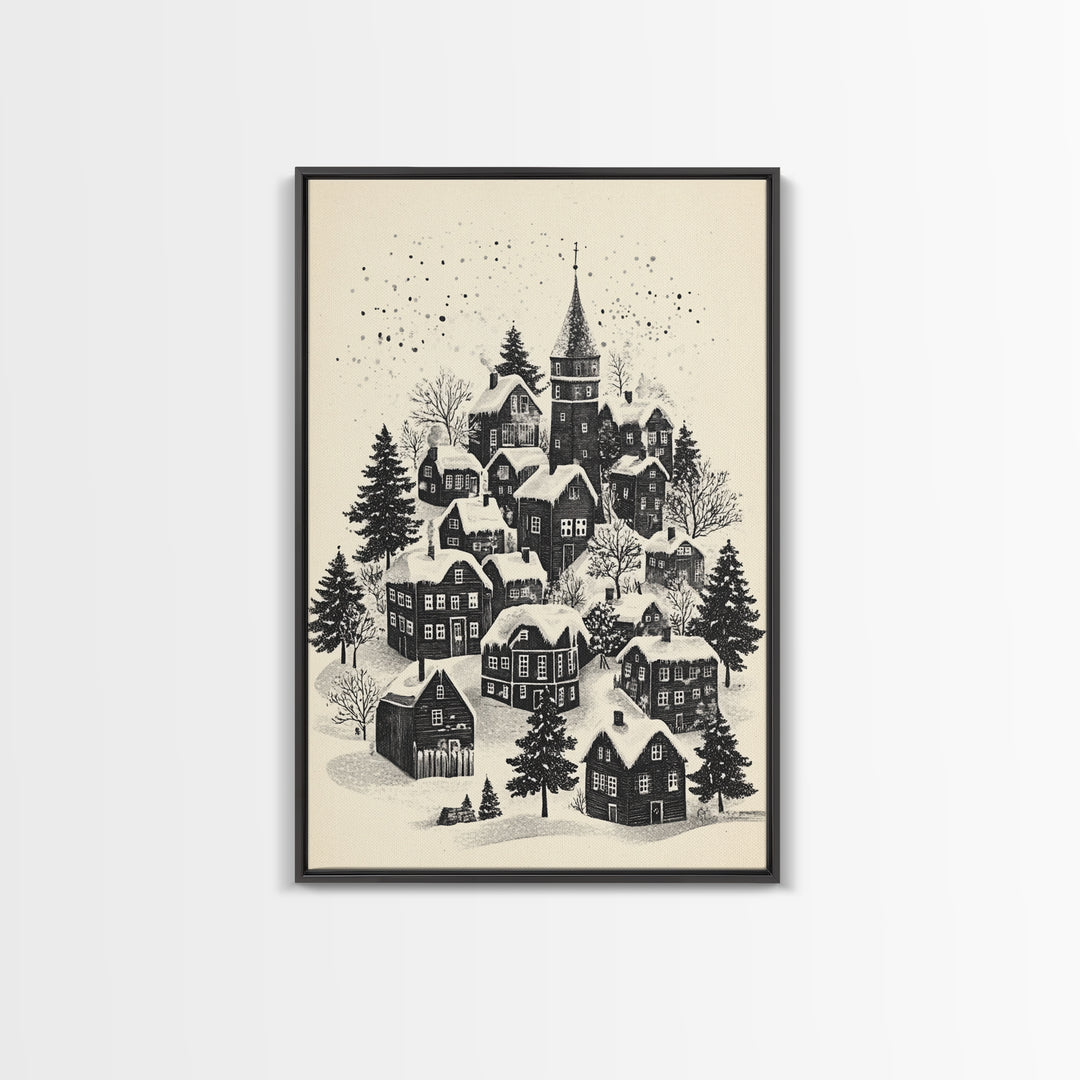 Black and White Sketch of A Christmas Village Canvas Print - Framed Canvas - Minimalist Christmas Art - Boho Christmas Art - Rustic Christmas Art