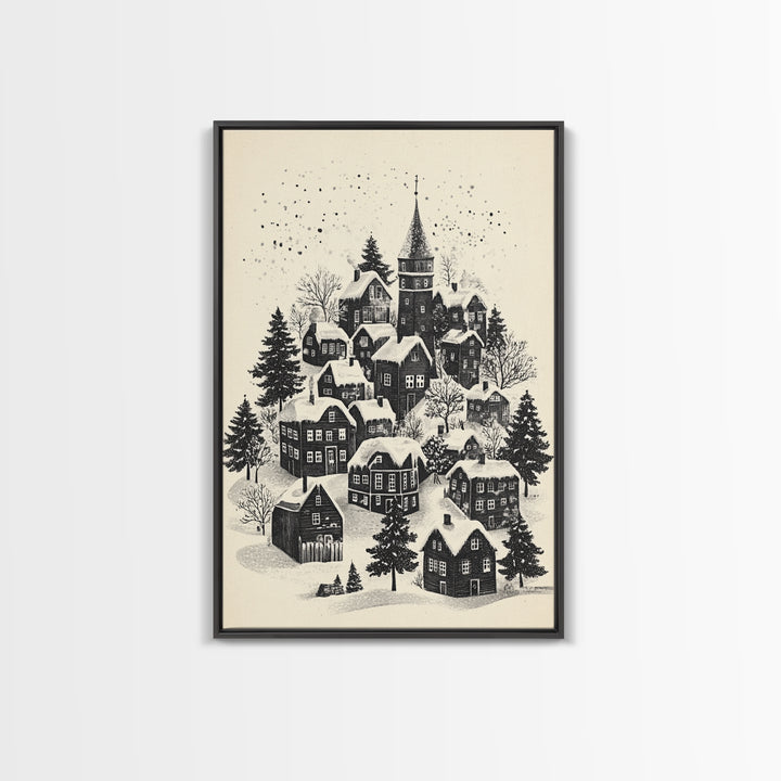 Black and White Sketch of A Christmas Village Canvas Print - Framed Canvas - Minimalist Christmas Art - Boho Christmas Art - Rustic Christmas Art