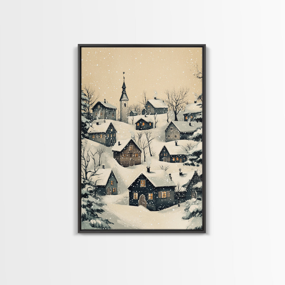 Christmas Village Canvas Print - Framed Canvas - Minimalist Christmas Art - Boho Christmas Art - Rustic Christmas Art