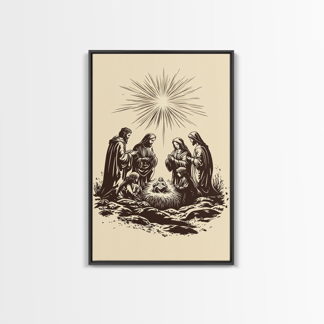 Nativity Scene Canvas Print - Framed Canvas - Minimalist Christmas Art - Boho Christmas Art - Rustic Christmas Art - Nativity Painting